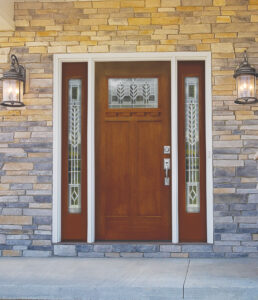 Brown woodgrain fiberglass entry door