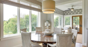 Dining room with large, sliding windows